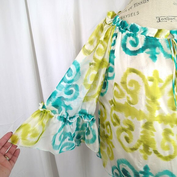 Milly Top Medium 10 Green Silk Blouse Peasant Flowy - Picture 3 of 9
